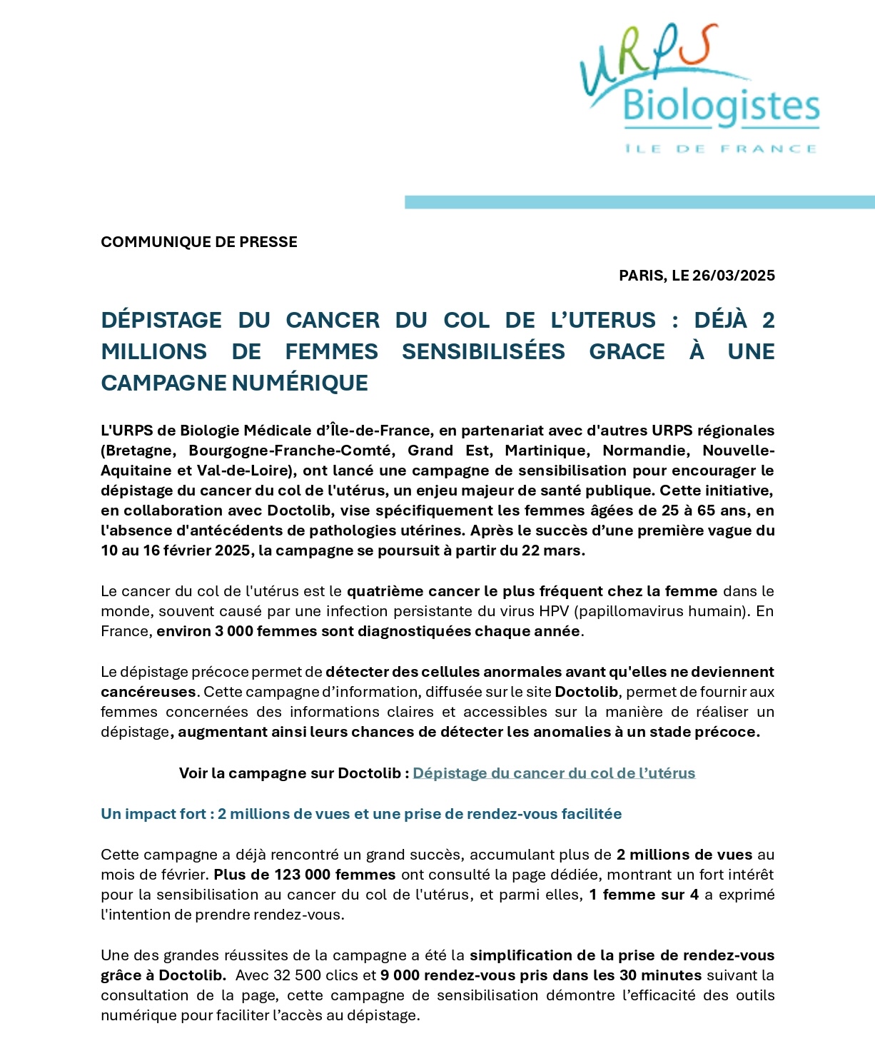 Les biologistes médicaux mobilisés dans le dépistage du cancer du col de l'utérus